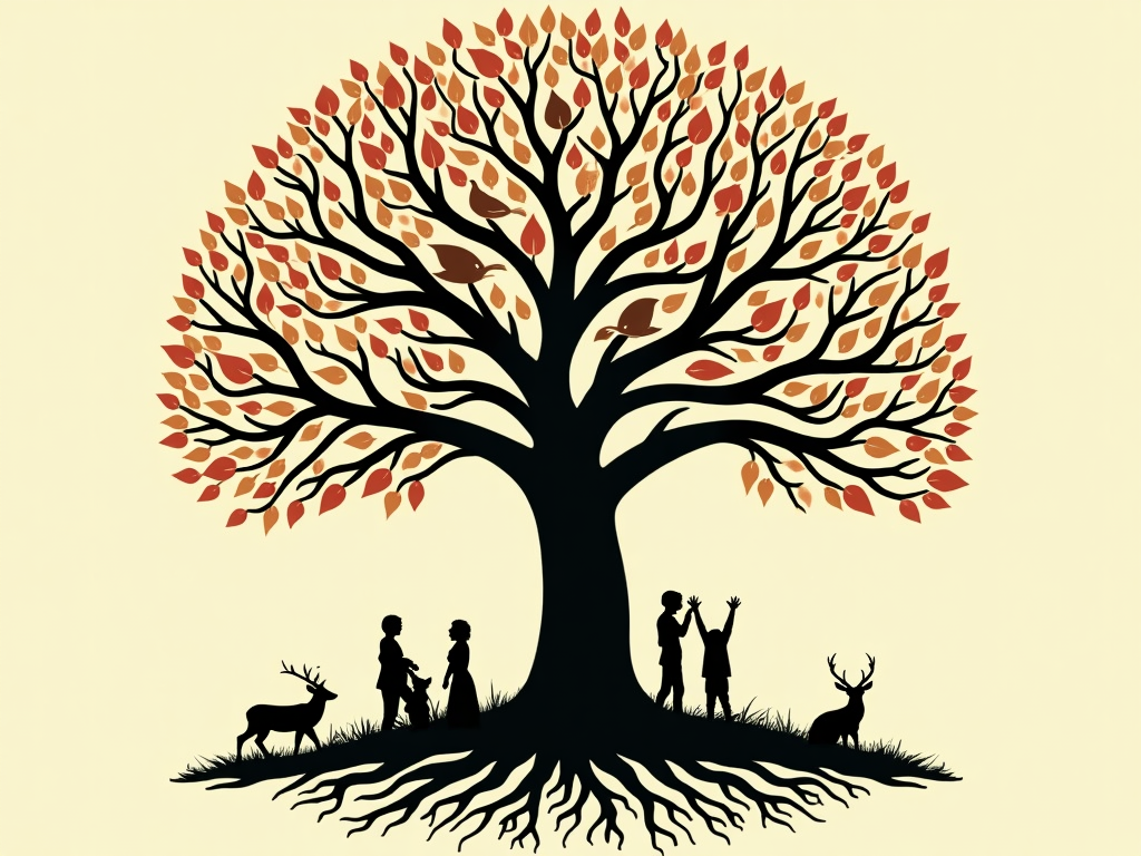 Sub-design 2: A Tree of Life silhouette with animals and human figures intertwined within its branches and root system, symbolizing the interconnectedness of all living beings.