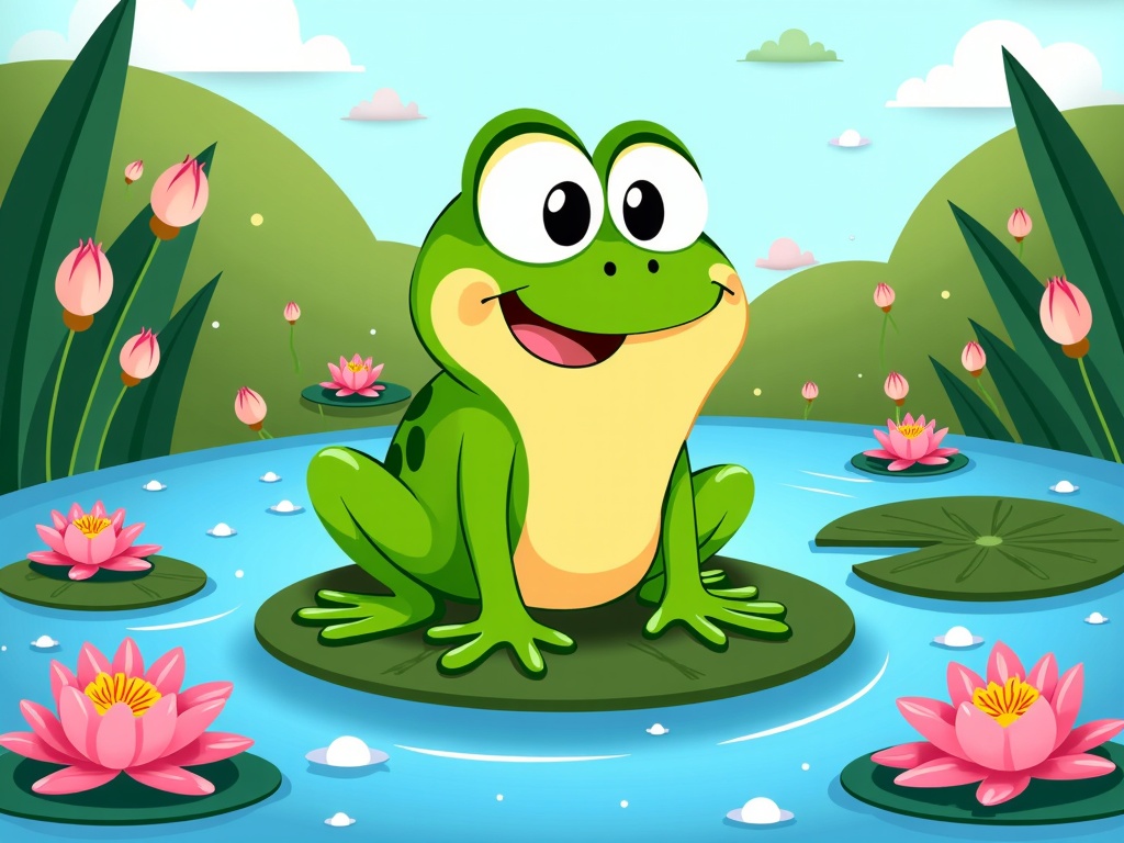 The image is a cartoon illustration of a green frog sitting on a lily pad in a pond. The frog has big, round eyes and a big smile on its face. It is sitting on its hind legs with its front paws resting on the lily pads. The pond is surrounded by pink lotus flowers and green leaves. In the background, there are mountains and a blue sky with white clouds. The overall mood of the image is cheerful and happy.