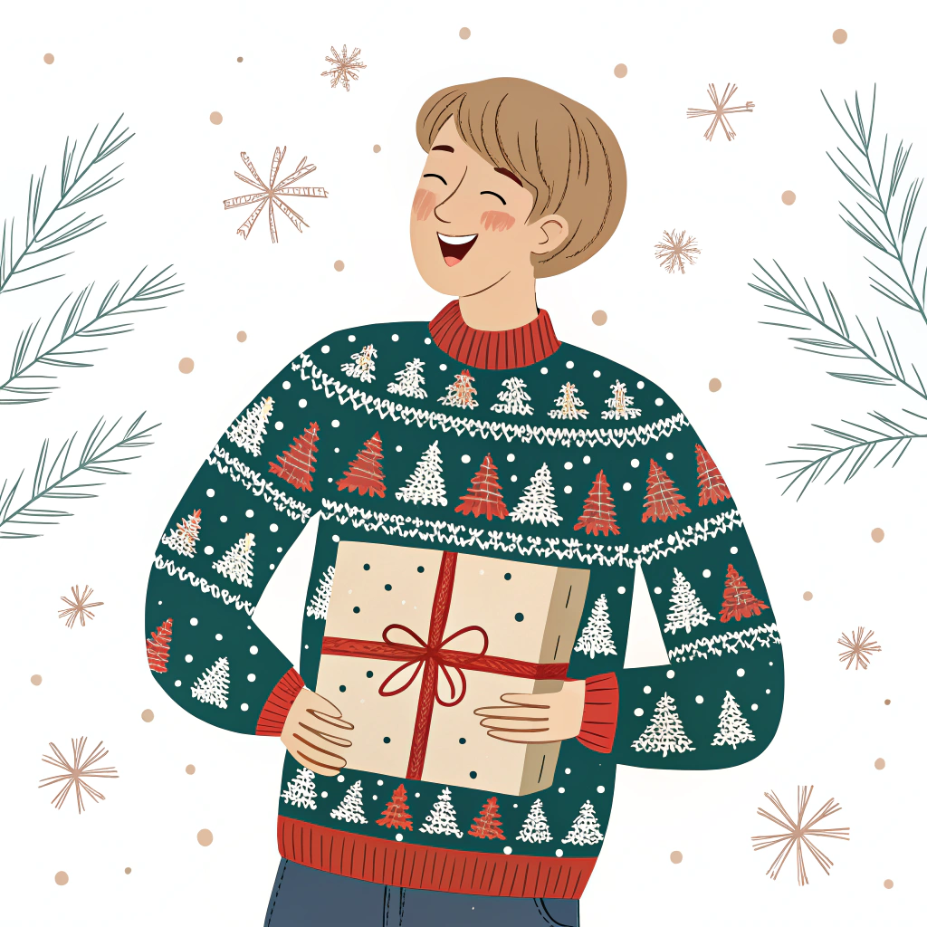 A waist-up view of a person wearing a Christmas sweater with a busy pattern of snowflakes and Christmas trees, holding a wrapped gift. The joyous expression on their face reflects holiday cheer.