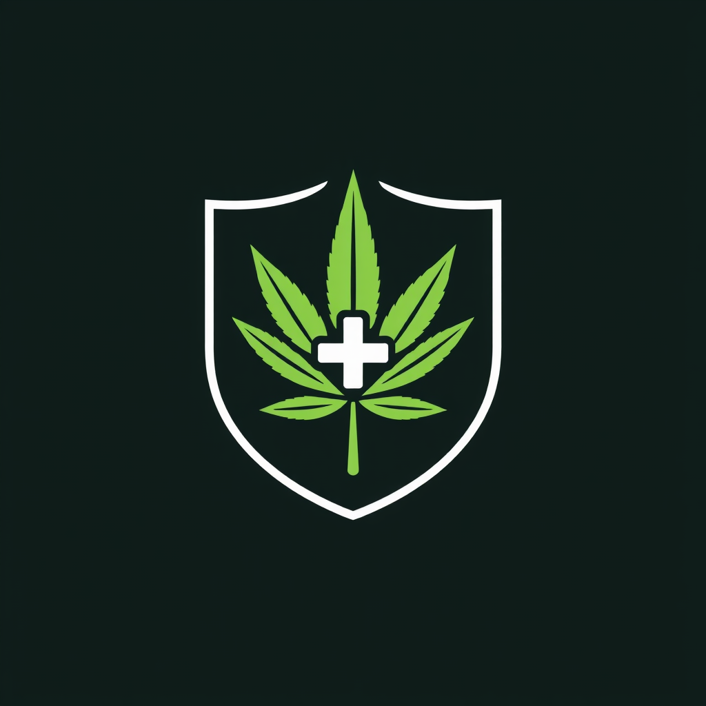 Simple Icon Idea - Unified Shield: A highly simplified icon for small applications: a basic shield outline directly integrating a marijuana leaf and a medical plus (+) sign as a single, cohesive mark. For example, the leaf's stem could subtly form part of the plus sign within the shield.