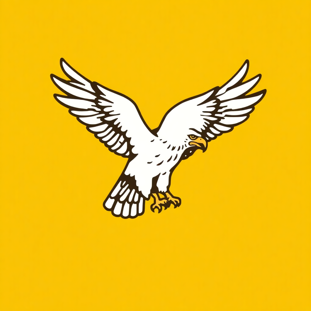 The image is a graphic illustration of an eagle in flight. The eagle is in the center of the image, with its wings spread wide and its head turned towards the right side of the frame. Its body is white with black markings, and its talons are outstretched as if it is about to take off. The background is a solid yellow color, and the eagle is outlined in black. The image has a simple and cartoon-like style.