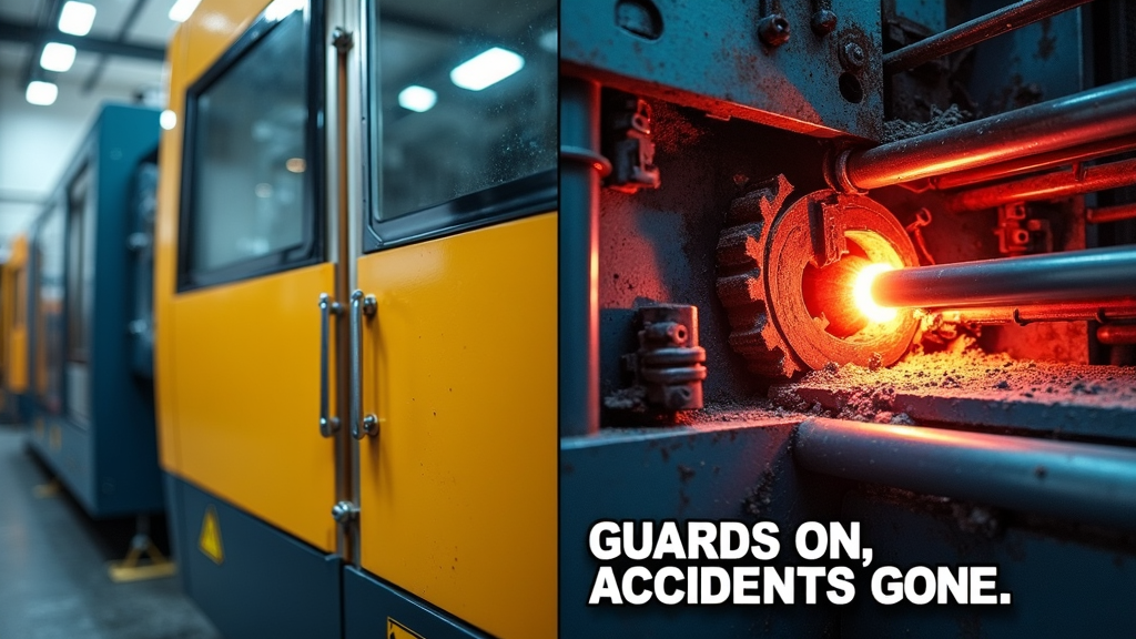 Machine Guarding Poster: Show a split image. One side depicts a machine operating safely with clearly visible, brightly colored guards in place. The other side shows the same machine area but highlights the danger zone (e.g., gears, blades) without the guard, perhaps using warning colors or symbols. Slogan: 'Guards On, Accidents Gone'.