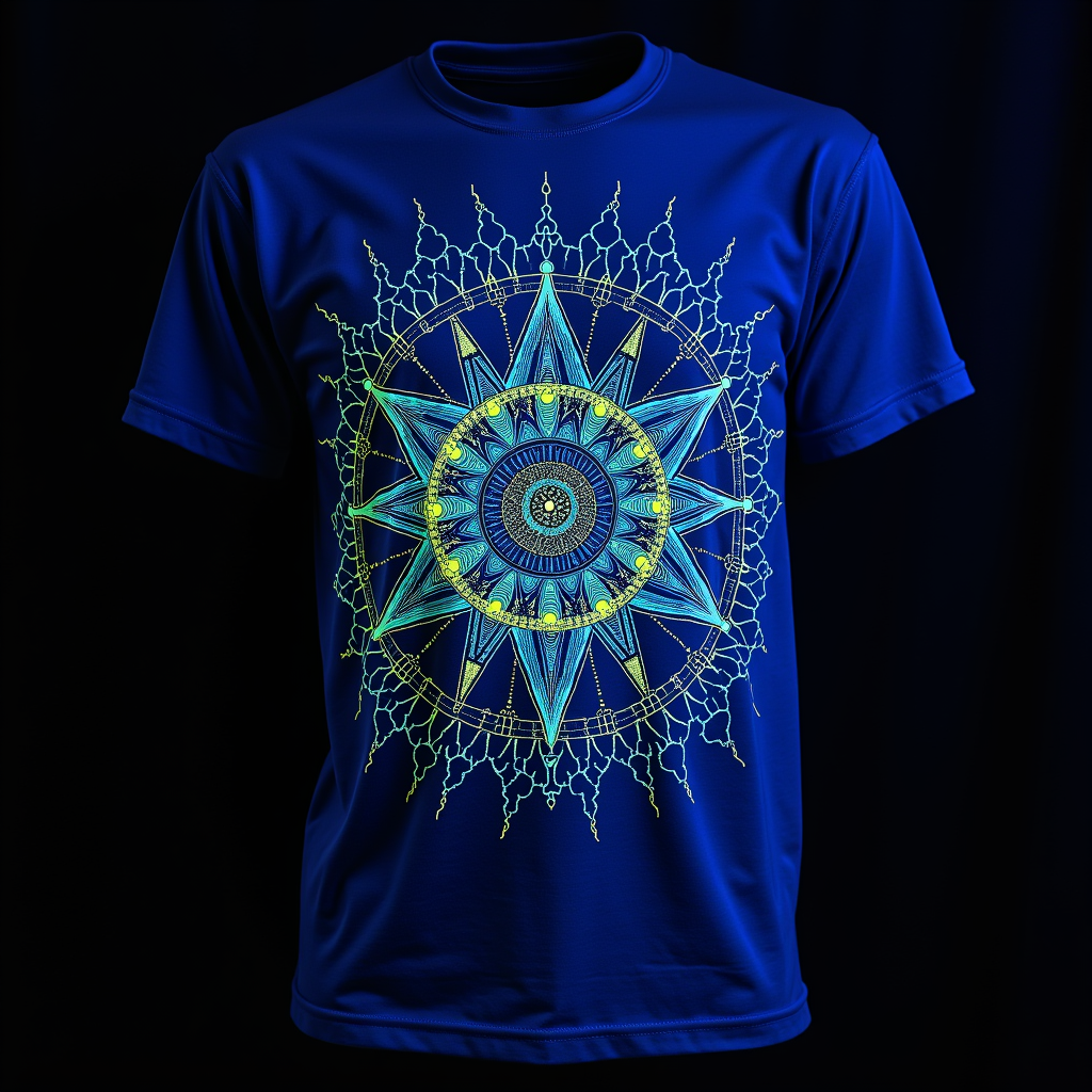 Hidden Path Glyphs & Sacred Geometry: Feature a design with abstract Burning Man-inspired glyphs (e.g., based on principles or past Man structures) or sacred geometry patterns. Some main lines glow conventionally. The interactive discovery element involves hidden connecting paths or symbols within the glyphs printed with UV-only reactive glow ink, which are only revealed when a blacklight is shone on the T-shirt, completing the pattern or revealing a deeper message.