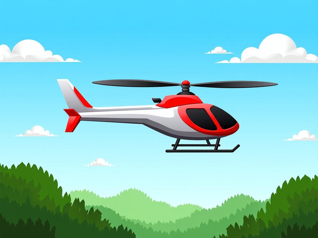  a red and white helicopter flying over a green landscape. The helicopter is in the center of the image, with its body facing towards the right side of the frame. It has a sleek design with a pointed nose and a pointed tail. The body of the helicopter is predominantly red, with a white stripe running along the side. The wings are black and the tail is white with a red stripe running down the center. The sky is blue with white clouds scattered across it. The landscape below is a mix of green trees and bushes. The overall color scheme is bright and vibrant, with shades of blue, green, and yellow.