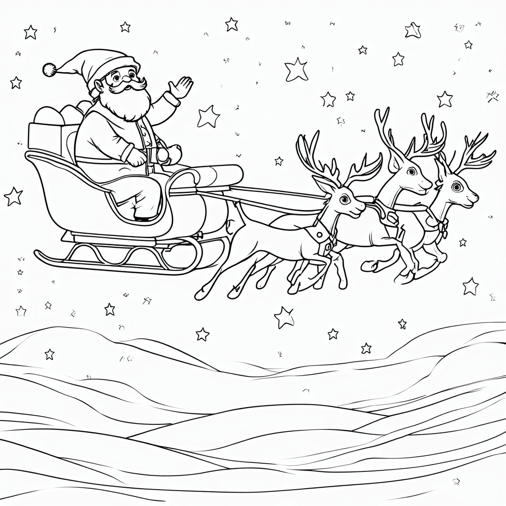 Santa in his sleigh flying across the night sky, pulled by reindeer with decorated antlers and stars twinkling around.