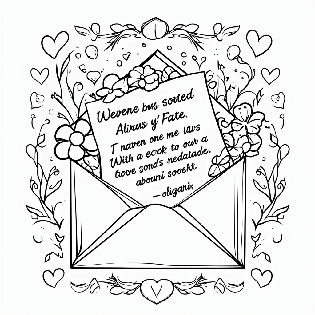 A whimsical 'love letter' theme: an open envelope with hearts and flowers spilling out. The letter itself, partially visible, contains a beautifully scripted sentimental quote. The border of the page could be decorated with smaller hearts and floral elements.