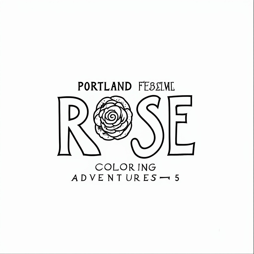 Simple Logo Idea for the Coloring Book: The title 'Portland Rose Festival 2025: City of Roses Coloring Adventures' in a playful yet artistic font, with a key letter (like an 'O') replaced or embellished by a blooming rose illustration.