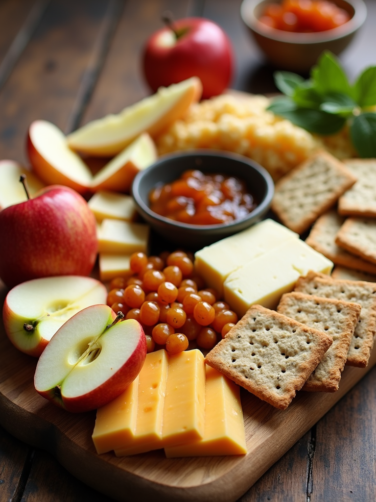 Create a 'deconstructed' apple and cheese platter, where the components are presented separately, allowing guests to build their own combinations. Include sliced apples, cubed cheeses, crackers, and a small bowl of chutney or jam.