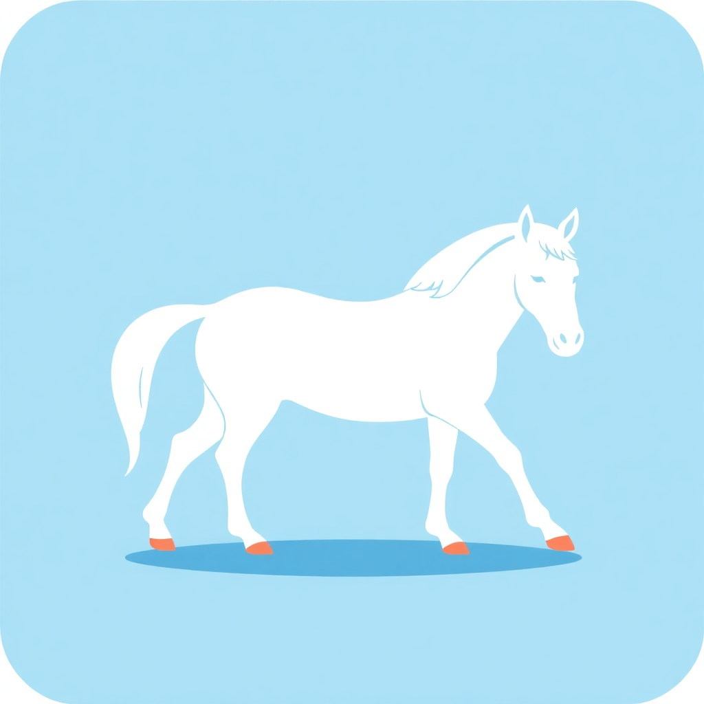 The image is a simple illustration of a white horse walking on a light blue background. The horse is facing towards the right side of the image and its body is slightly turned to the left. It has a long mane and tail that is flowing in the wind. Its legs are slightly bent at the knees and its hooves are orange. The overall style of the illustration is simple and minimalistic.