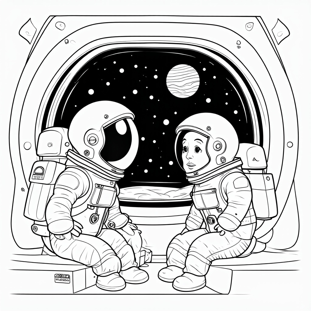 Astronauts looking out of a Starliner window at the stars or a distant planet, conveying a sense of wonder and exploration from within the capsule.