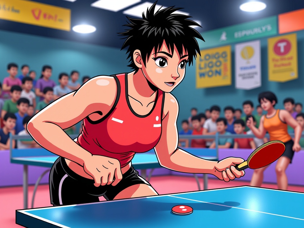  a young woman playing table tennis in a gymnasium. She is wearing a red tank top and black shorts and is holding a red ping pong paddle in her right hand. She has short black hair and is focused on the ball in front of her. In the background, there are other players and spectators watching the game. The walls of the gym are decorated with colorful banners and advertisements. The overall atmosphere of the image is lively and energetic.