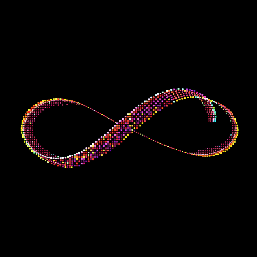 Pixelated Infinity Art Loop: A Möbius strip constructed from discrete, clean pixels. Selected pixels dynamically shift in color or intensity, illustrating the AI's generative process constructing or modifying art on this continuous pixelated surface.