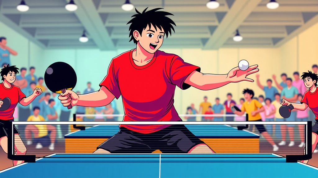  three young men playing table tennis in a large indoor court. The man in the center is wearing a red t-shirt and black shorts and is holding a black ping pong paddle in his right hand. He is in the middle of a shot, with his left arm extended and his right arm extended as if he is about to hit the ball. The other two men are on either side of him, also holding ping-pong paddles in their hands. They are also in the same position and appear to be in the midst of a game. In the background, there are spectators watching the game. The court is blue and there is a net in the foreground. The overall atmosphere of the image is lively and energetic.