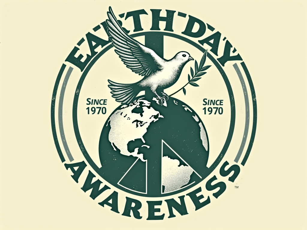 A design using a simple, iconic graphic like a peace sign merged with an Earth symbol, or a stylized dove carrying an olive branch over a globe. Apply a vintage athletic or collegiate wear aesthetic, with slightly cracked ink effect and a circular emblem containing 'Earth Day Awareness' or 'Since 1970'.