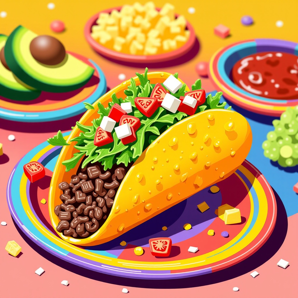 The image is an illustration of a colorful taco on a colorful plate. The taco is filled with black beans, lettuce, and diced tomatoes. There are also small cubes of cheese scattered around the plate. On the left side of the plate, there is a slice of avocado and a bowl of salsa. The background is a bright yellow color. The overall style of the image is cartoon-like and playful.