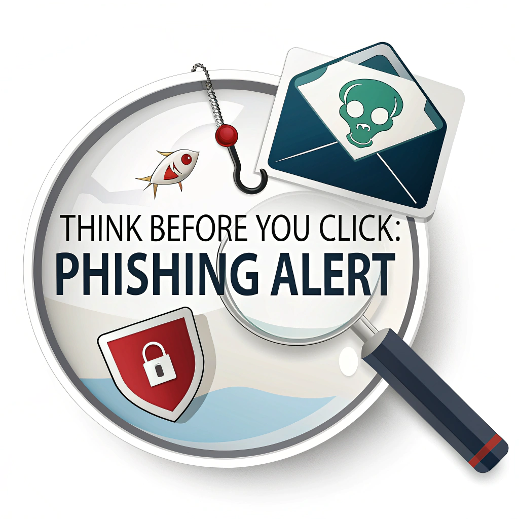 Sticker Sub-Design 4: A magnifying glass hovering over an email icon, revealing a hidden fishhook or a small skull icon within the magnified area. Text: 'Think Before You Click: Phishing Alert' integrated clearly.