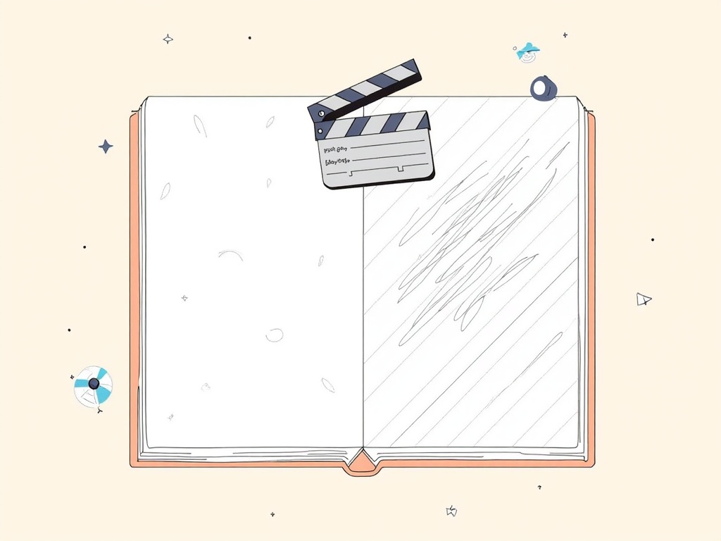 Iconic Motif for the Illustration Series: Design a unifying visual mark or icon for the 'AC2025: Behind the Scenes - The Artist's Journey' illustration series. Example: A stylized open sketchbook page where one side shows rough pencil lines transforming into clean digital lines on the other, with a subtle overlay of a camera lens or director's clapperboard to signify 'behind the scenes'.