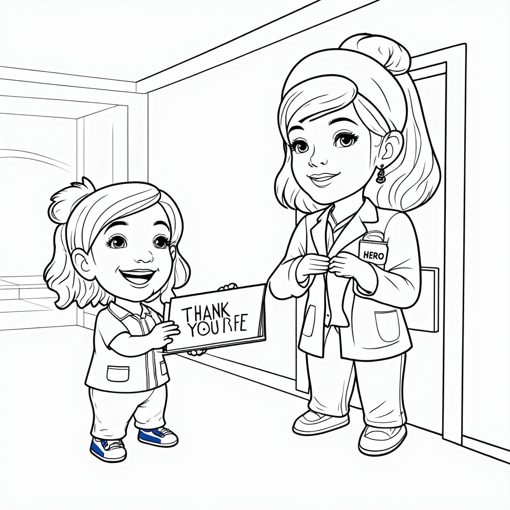 Coloring page where a child presents a handmade 'Thank You' card or flowers to a nurse wearing a 'HERO' badge outside a clinic or hospital. Focuses on warmth and gratitude from the community.