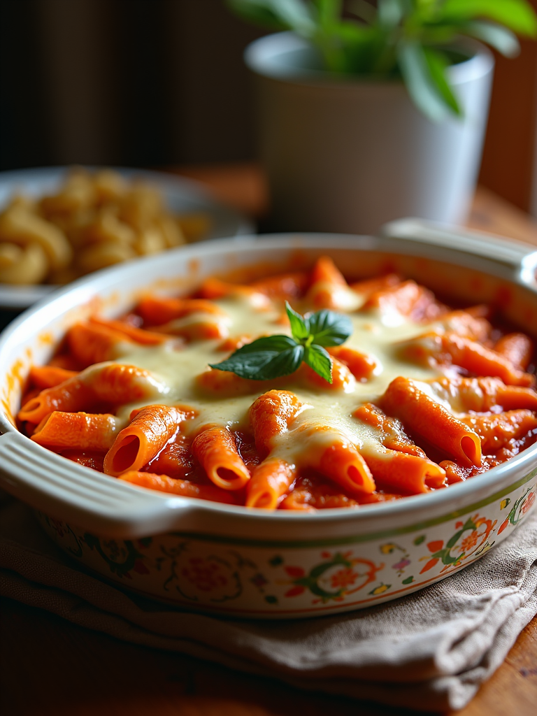 A warm photograph of baked ziti in a traditional ceramic dish, with its intricate patterns capturing the blend of old-world beauty and culinary prowess.