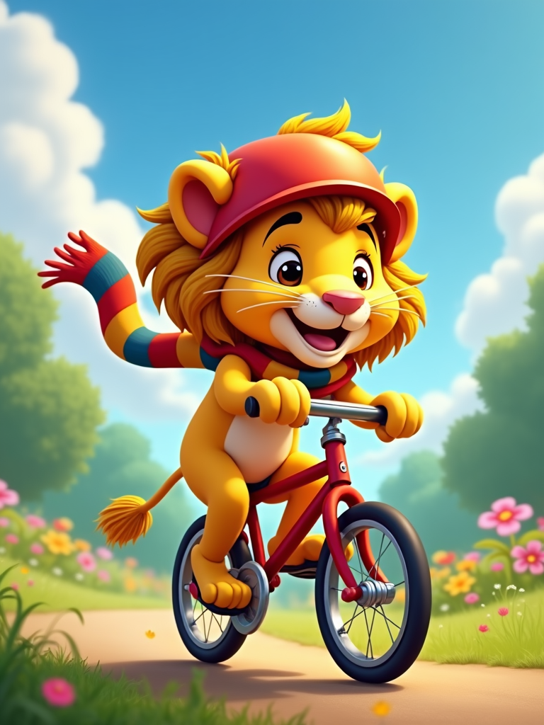 Lion riding a tiny bicycle, with a big smile.