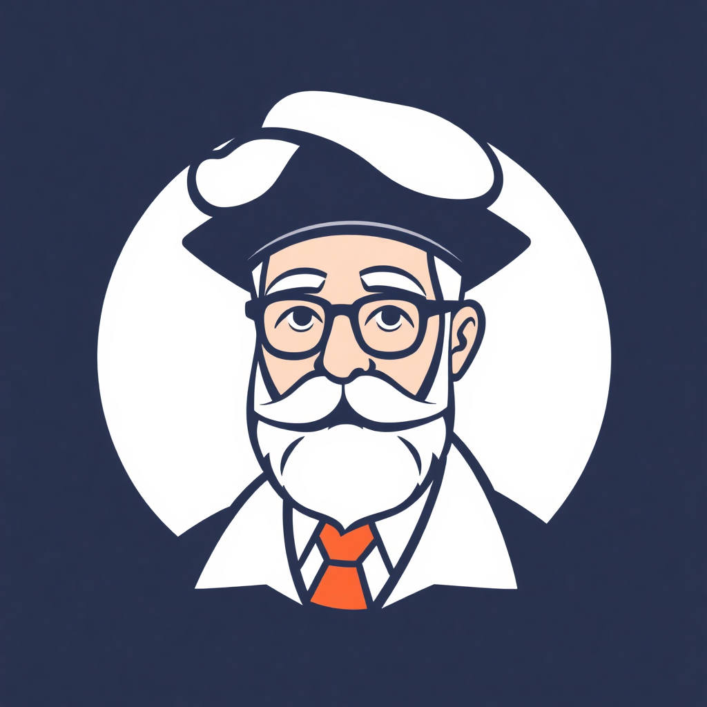 The image is a portrait of an elderly man with a white beard and mustache. He is wearing a black beret and a white shirt with an orange tie. He has a pair of glasses on and is looking directly at the camera with a serious expression. The background is a dark blue color with a large white circle in the center. The overall style of the image is simple and cartoon-like.