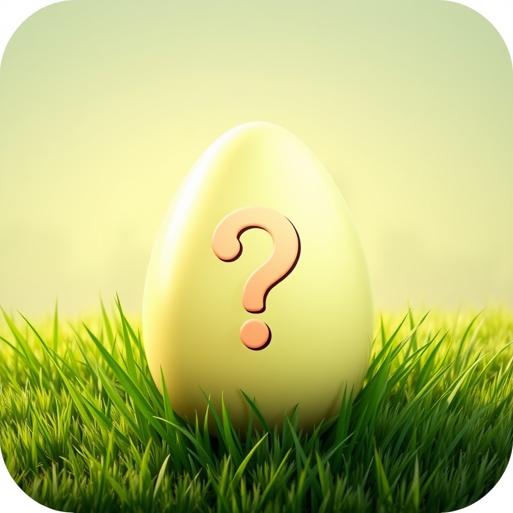 A single Easter egg with a question mark on it, placed in a grassy landscape.