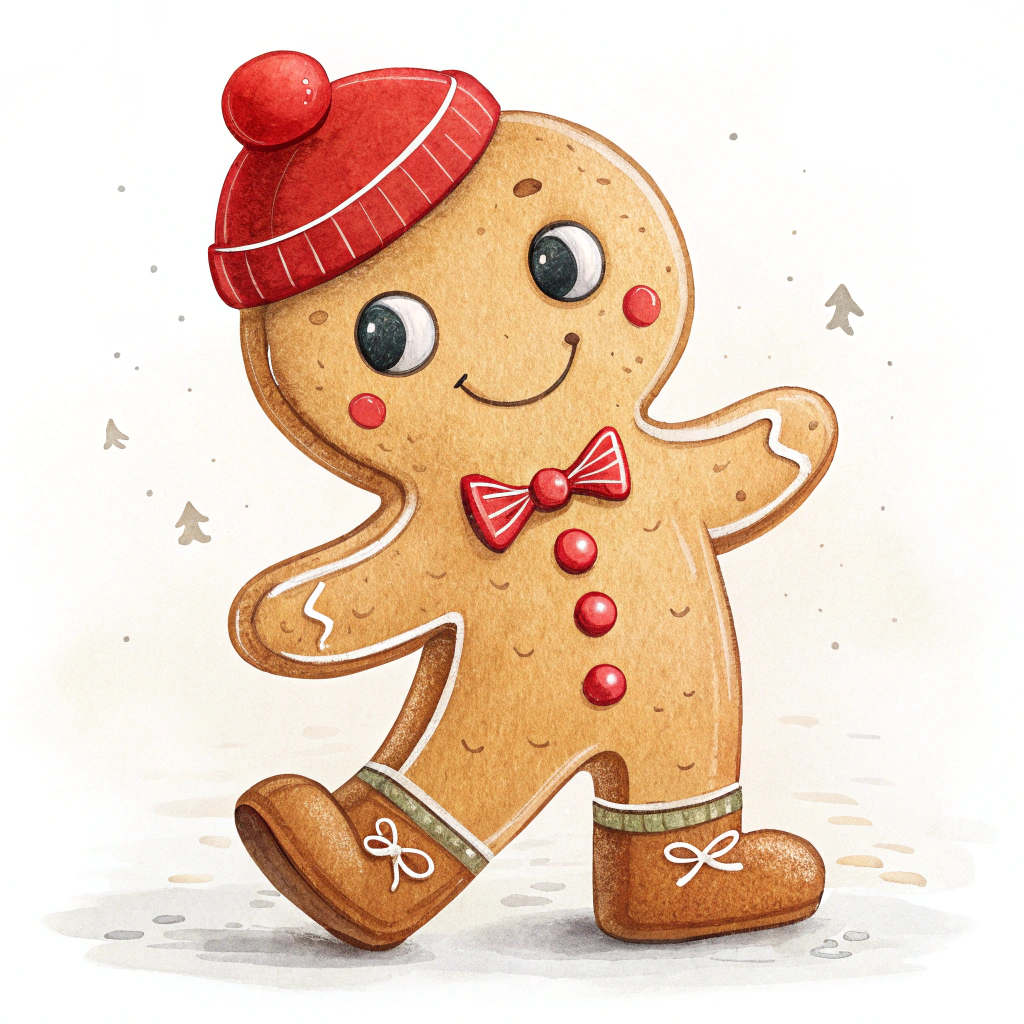 The image shows a gingerbread man wearing a red hat and bow tie, standing against a white background. The gingerbread is brown in color and has a cheerful expression on its face.