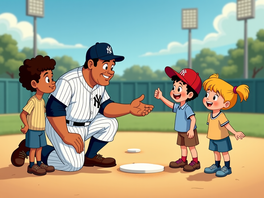 Babe Ruth in his iconic Yankees uniform, animated in a friendly cartoon style, is shown kneeling down to share a baseball tip with a small, diverse group of kids on a sunny sandlot. One child is eagerly listening, another is practicing a swing, and a third is laughing. The scene is bright and cheerful, evoking a sense of nostalgia and mentorship.