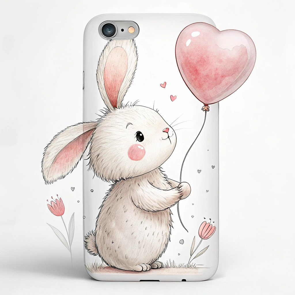 A sticker featuring a fluffy bunny holding a heart-shaped balloon with rosy cheeks.