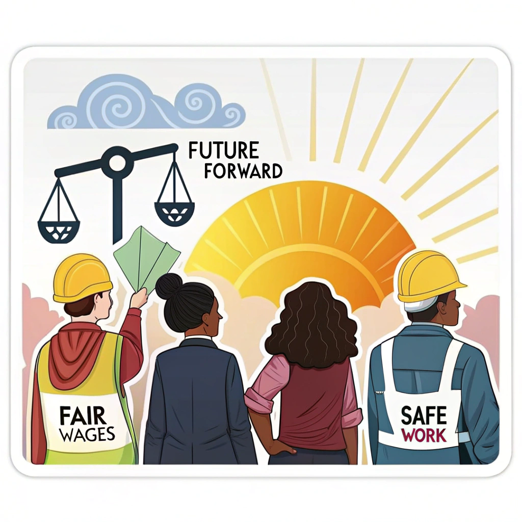 Design depicts diverse worker silhouettes looking towards a bright, stylized sunrise (Future Forward). Small, impactful icons for balanced scales (Fair Wages) and a shield (Safe Work) are included.
