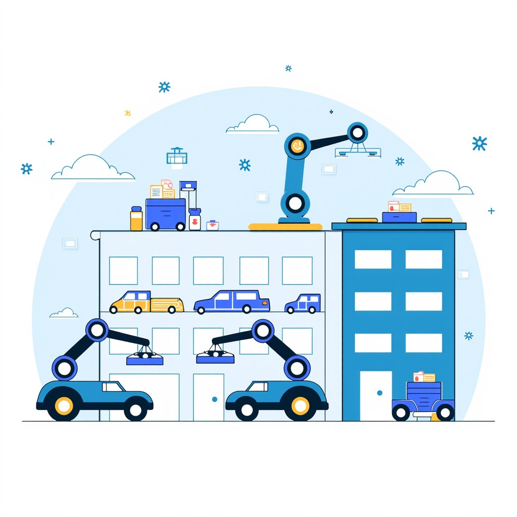 Focus on AI-powered robotics and automation for resource management: robotic arms sorting and delivering medications and supplies, automated guided vehicles transporting equipment, and AI scheduling systems optimizing the use of operating rooms and diagnostic machines, all visualized in a clean, futuristic hospital setting.