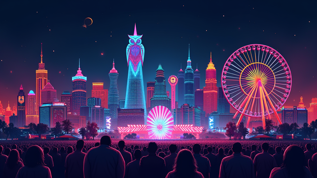 Abstract Geometric Festivalscape: A stylized Las Vegas skyline using geometric shapes that echo EDC stage designs. Key EDC symbols like the owl or Ferris wheel are integrated into the cityscape, rendered in a dark palette with bright, electric color pops and glow effects.