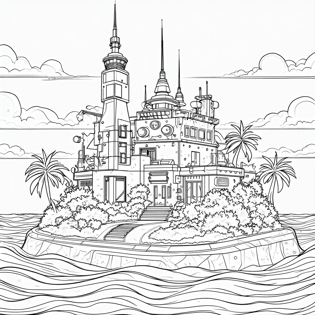 A high-tech superhero base located on a remote island, surrounded by advanced defense systems.
