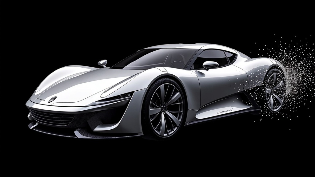 Juxtaposition of a sleek, futuristic vehicle or technology with signs of digital decay, such as its holographic displays flickering wildly or its form partially disintegrating into pixelated noise.