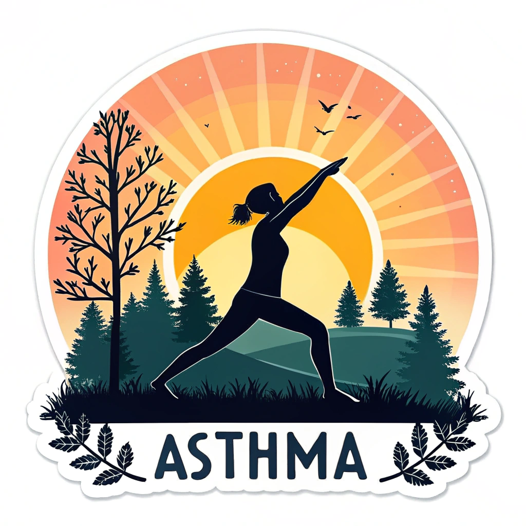 A stylized silhouette of a person practicing yoga or walking in nature, with the sun in the background, showing asthma doesn't limit activity.