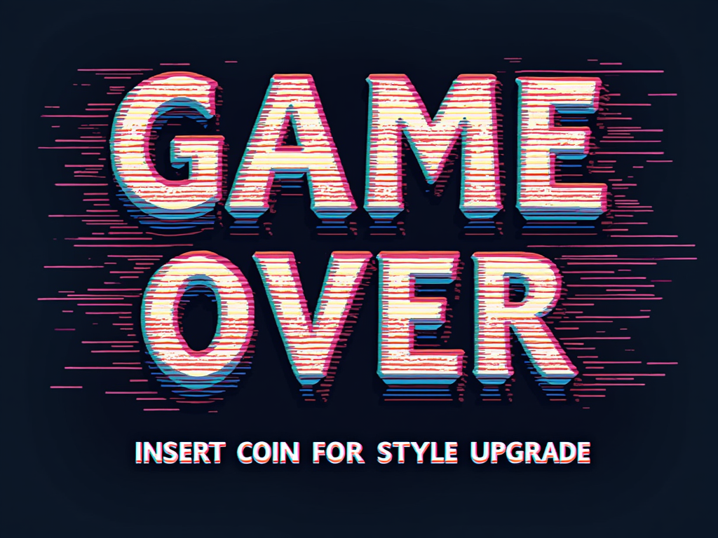 A retro 'GAME OVER' screen design where the text and background are heavily glitched with scanlines, color bleeds, and jumbled pixels. A small sub-text could read: 'Insert Coin for Style Upgrade'.