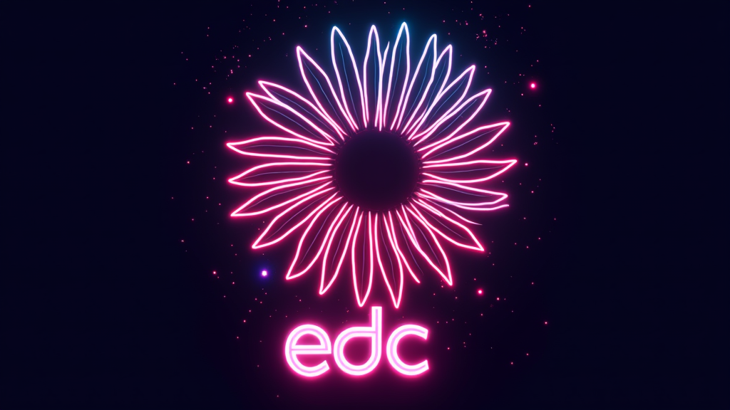 Neon Outline Daisy: A minimalist large daisy silhouette with bright neon outlines for petals and center, set against a dark night sky. Text: 'EDC' in a sleek neon font.