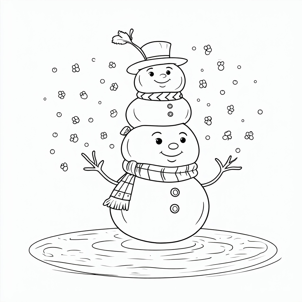 The image shows a snowman with a top hat and scarf standing in the snow, surrounded by a few flowers. The snowman is sketched in black and white, with a watermark in the background. It is a free printable coloring page, perfect for the winter season.