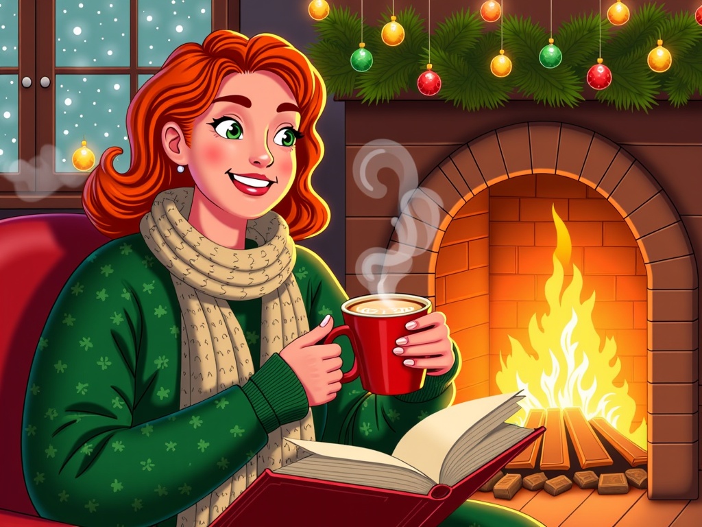  a young woman sitting in front of a fireplace. She is wearing a green sweater with white snowflakes and a scarf around her neck. She has red hair and is holding a red mug in one hand and a book in the other. The woman is smiling and appears to be engrossed in reading the book. The fireplace is decorated with Christmas ornaments and there is a window with snow outside. The overall mood of the image is cozy and festive.