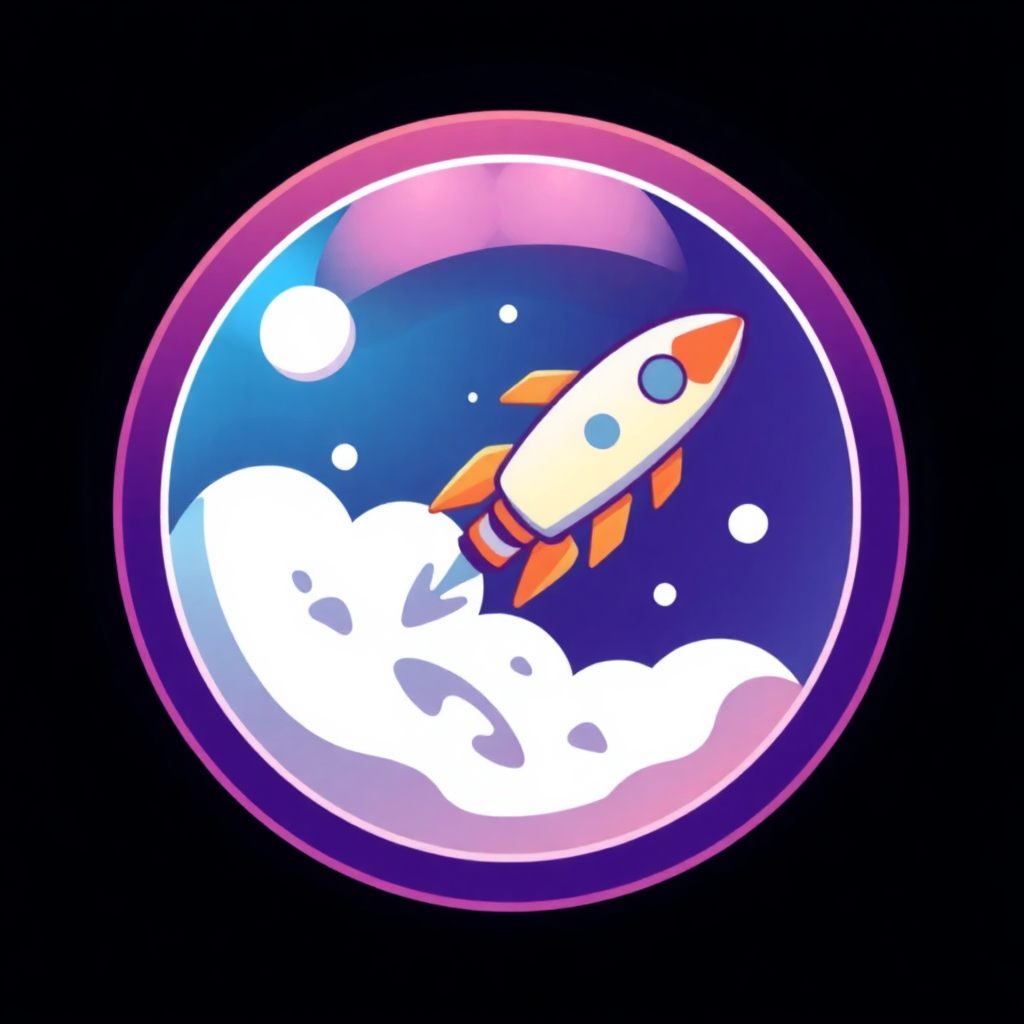 The image is a circular illustration with a purple background. In the center of the circle, there is an orange and white rocket ship with a pointed nose and a pointed tail. The rocket is flying towards the right side of the image, with a white cloud in front of it. The background is a deep blue color with small white bubbles scattered throughout. The overall style of the illustration is cartoon-like and playful.