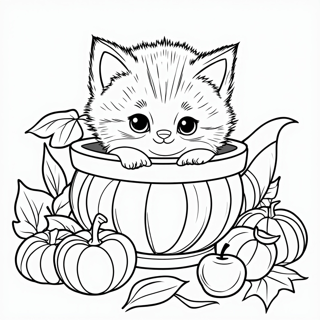 An adorable kitten poking its head out of a cornucopia, surrounded by an array of autumn fruits and vegetables, offering a playful take on Thanksgiving abundance and festivity.