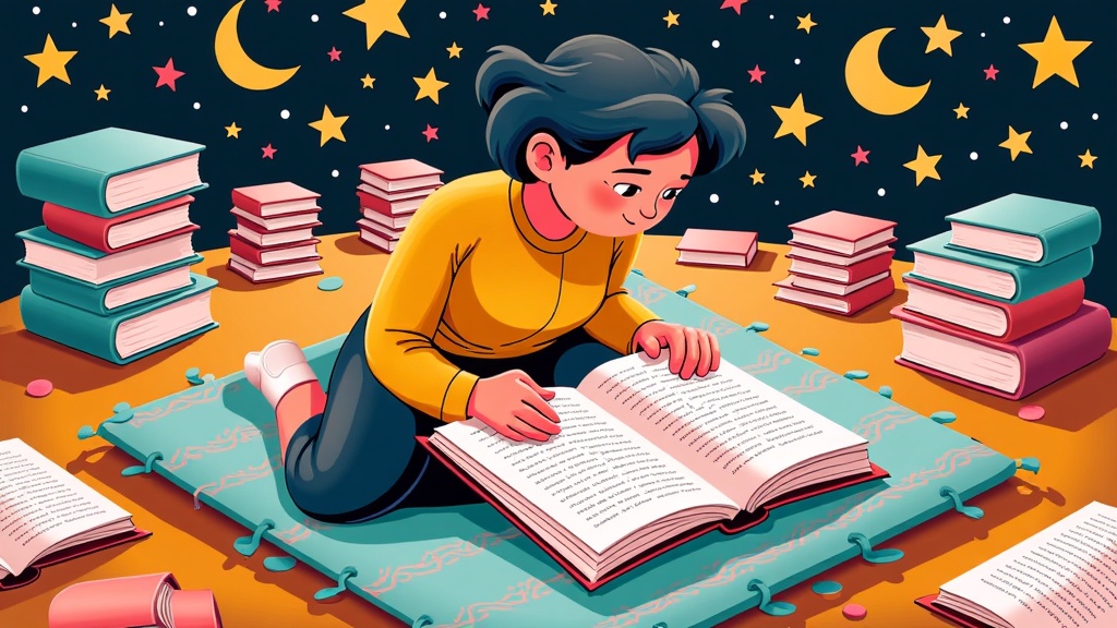 Illustration shows a reader on a comfy floor cushion surrounded by stacks of books, intensely focused on one poetry book, with faint, stylized imagery (like stars or flowing lines) subtly rising from the pages.