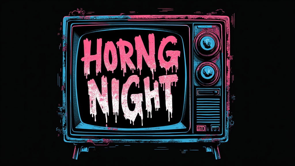 Typography-focused design using dripping, distorted, or glitchy fonts to spell out classic horror taglines or invented cult film titles, framed by a television screen border with 'PLAY' and 'REC' symbols.