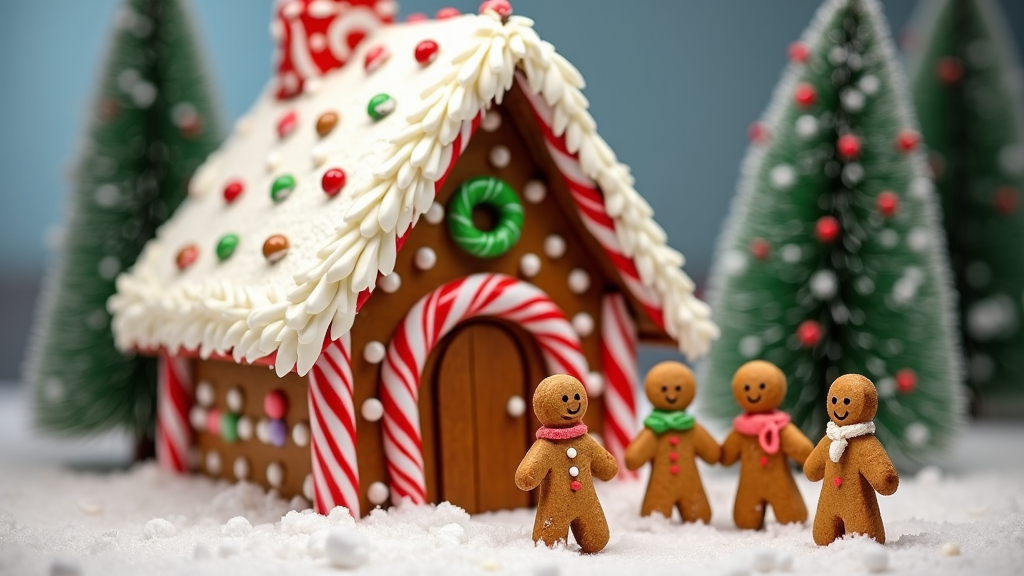 A delightful gingerbread house, carefully decorated with white icing to resemble snow-covered rooftops, colorful candy canes lining the exterior, and round peppermint candies adorning the walls. In the foreground, small figures made from gingerbread biscuits represent a cheerful family gathering outside, set in a playful snowy landscape.