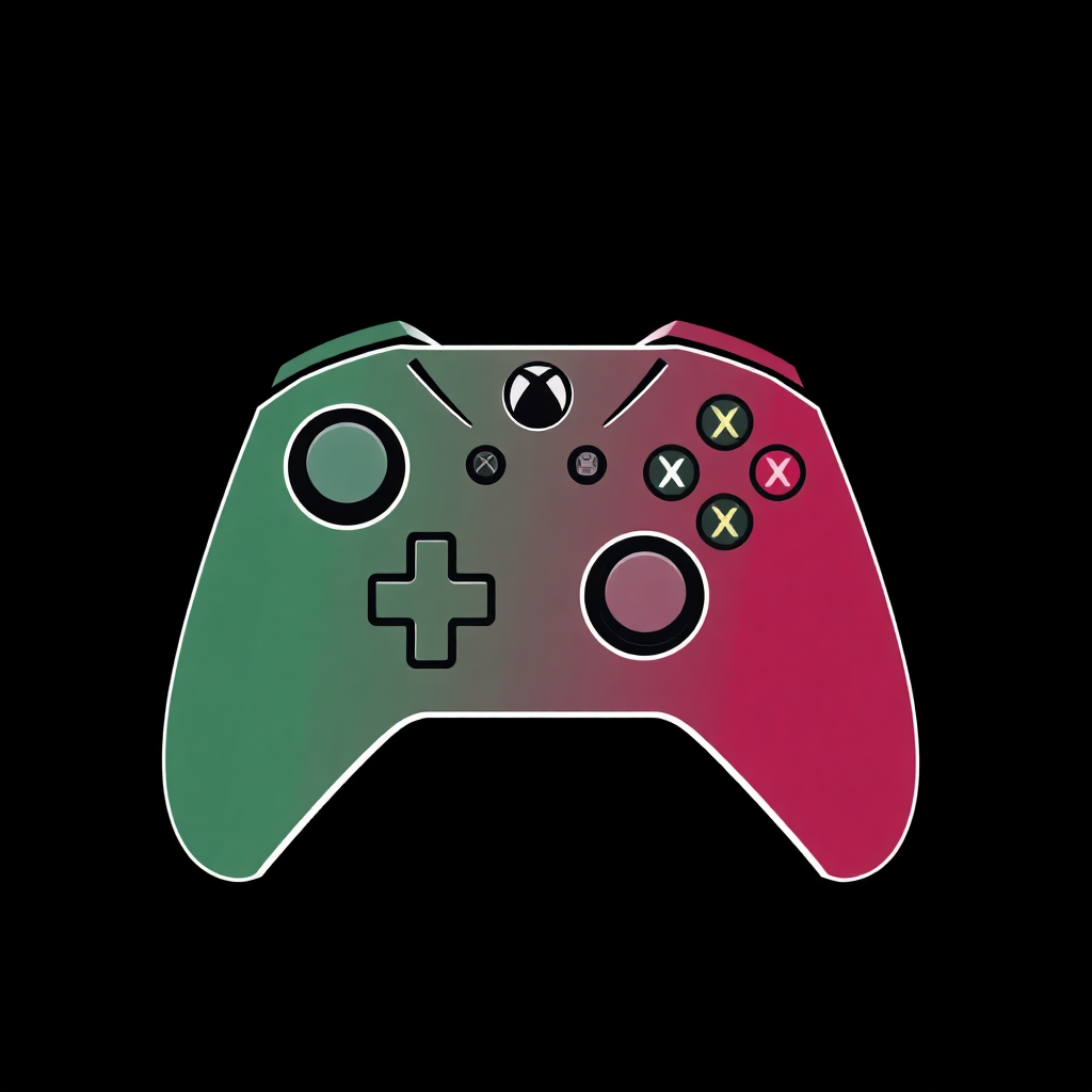 The image is a digital illustration of a gaming controller. The controller is in the shape of a joystick with a green and pink color scheme. The green color is on the left side of the joystick, while the pink color is in a gradient of pink and green. On the right side, there are several buttons, including a plus sign, a minus sign, and a cross. The buttons are arranged in a circular pattern, with the X and Y symbols in the center. The background is black, making the colors of the controller stand out. The overall design is simple and minimalistic.