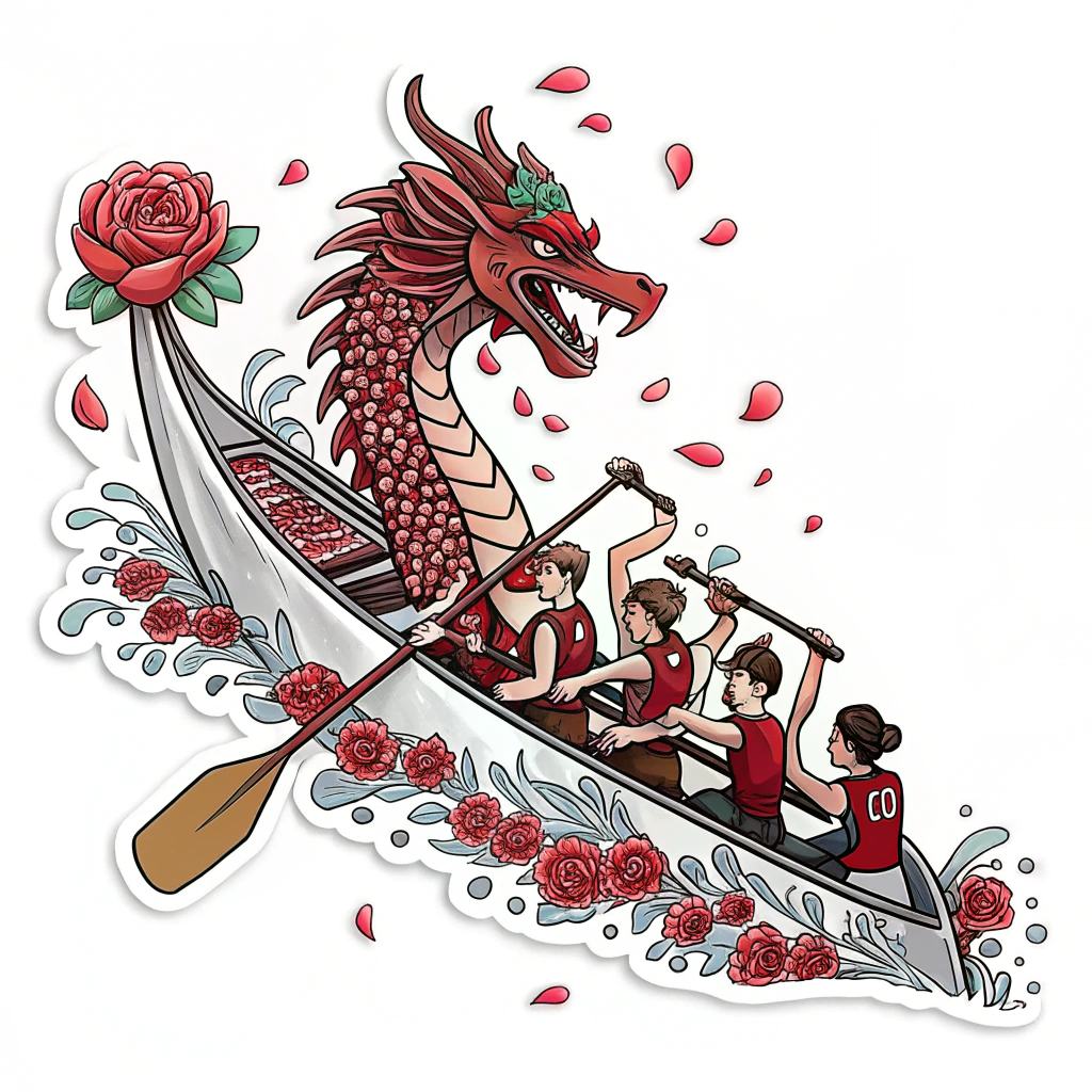 Dynamic Dragon Bloom: A sleek dragon boat in motion, with the dragon's scales subtly made of rose petals or having roses intertwined along its body. Paddlers are dynamic, and water splashes incorporate small flower motifs or petals. The dragon head could be adorned with a rose crown.