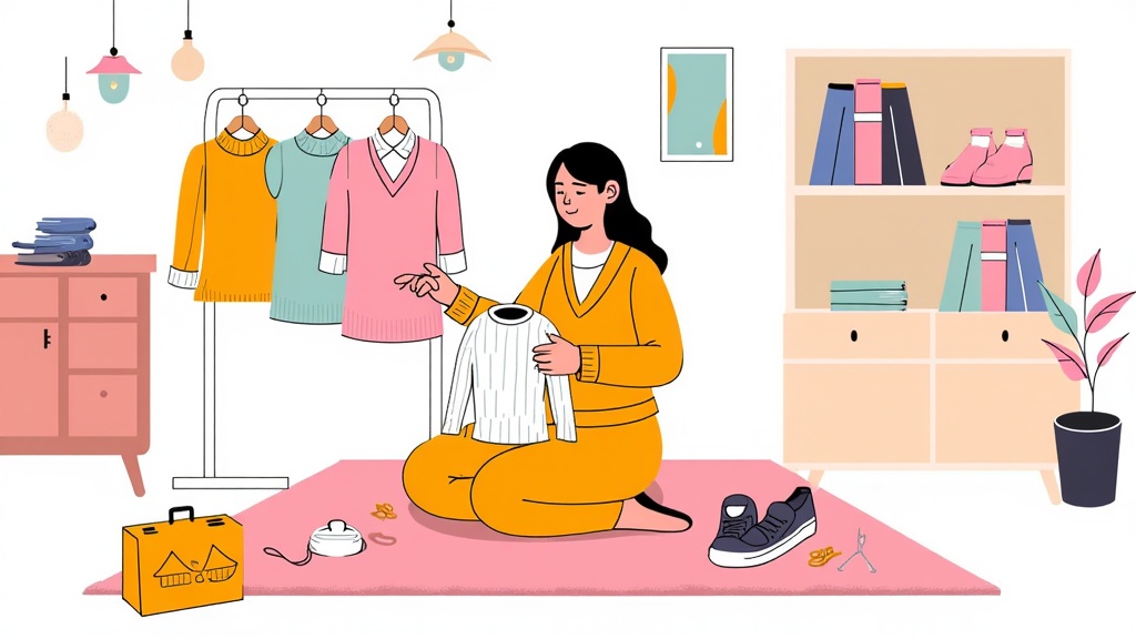 An illustration promoting slow fashion principles, portraying mindful consumption through scenes of mending, swapping clothes, choosing quality over quantity, or a simplified, curated wardrobe.