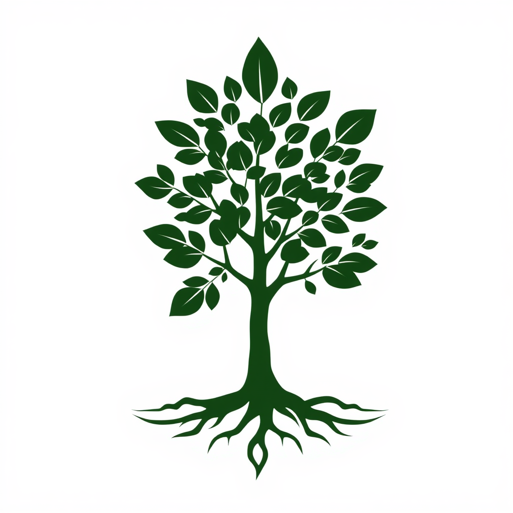 Silhouette of a sapling whose leaves are stylized as solar panels, with its roots subtly forming a geothermal or wave pattern, symbolizing the natural cycle and growth of renewable energy.