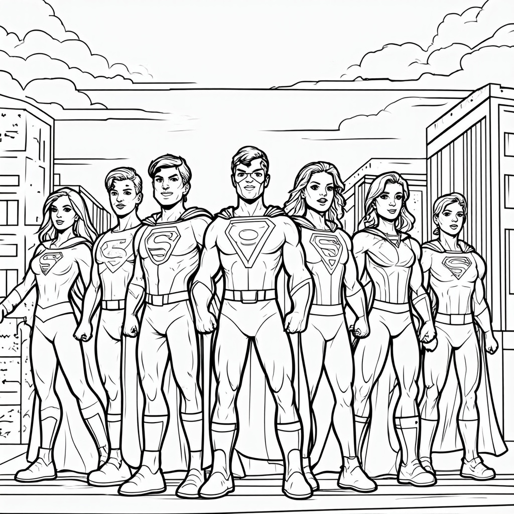 Translate to English: National Superhero Day Coloring Book Pages - Diverse Group of Superheroes Standing Together