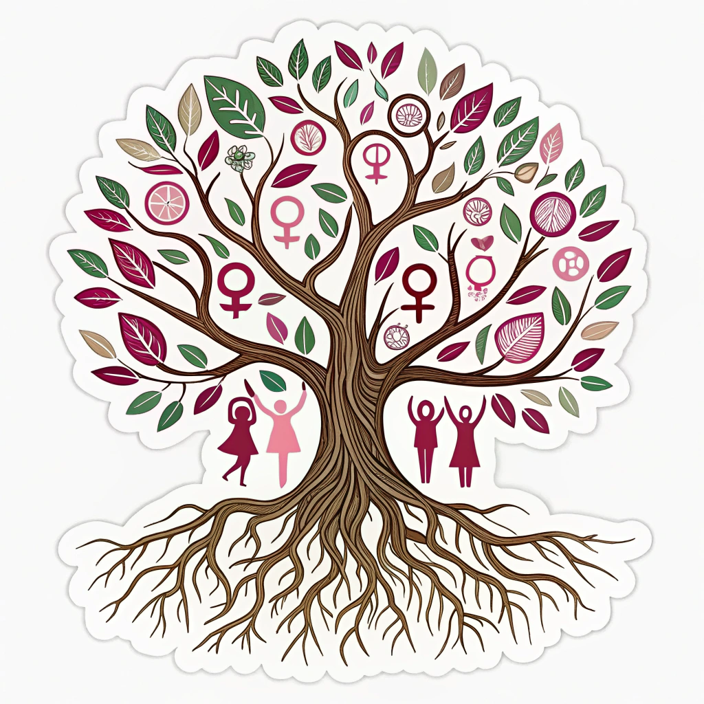 A logo featuring a stylized tree with roots representing past generations of women and branches reaching upwards with leaves shaped like women's symbols, symbolizing future generations.